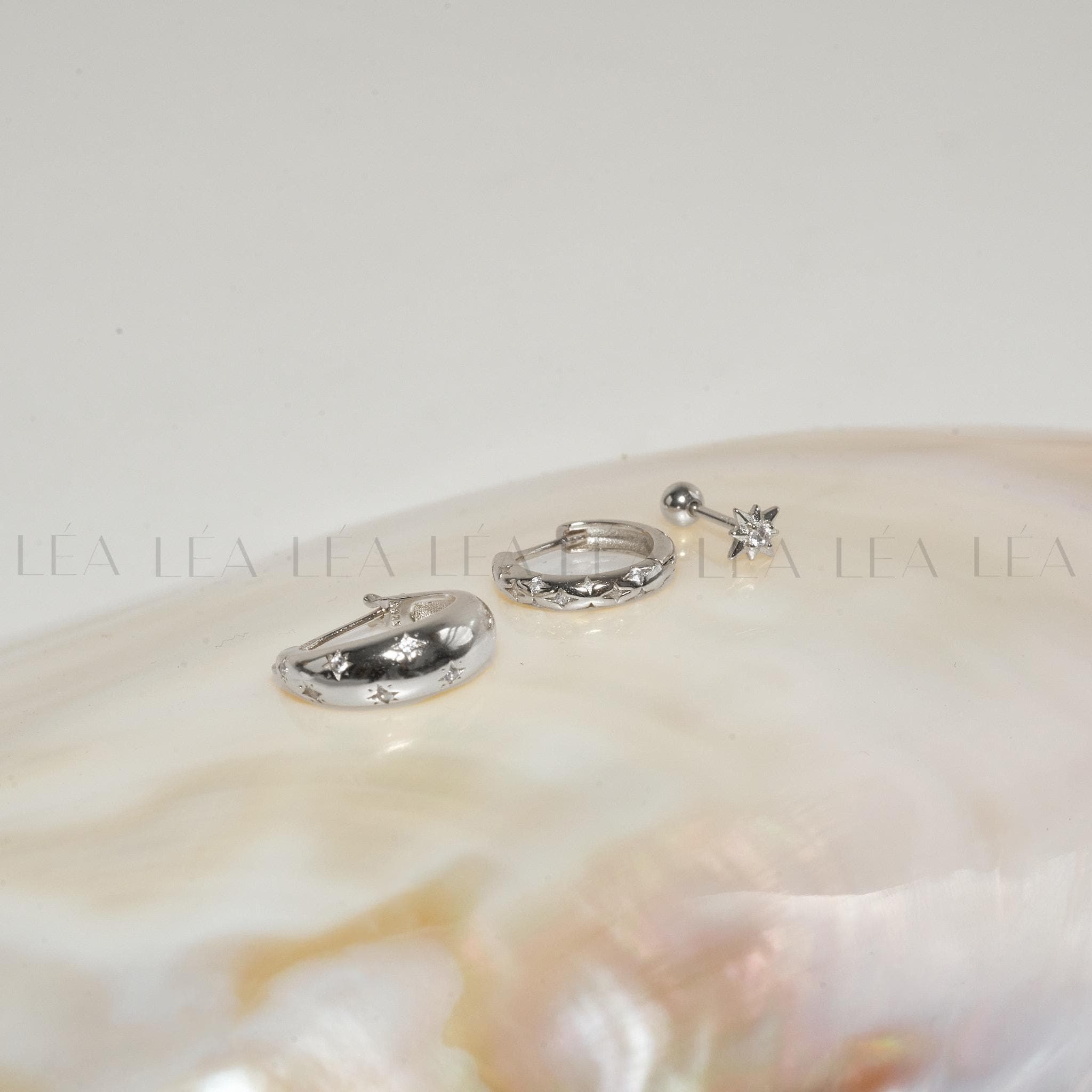 Starburst Hoop Earrings Stack Set • Gift For Her • 18K Gold Celestial Huggie Hoops Set • Sterling Silver Cosmic Star Earrings