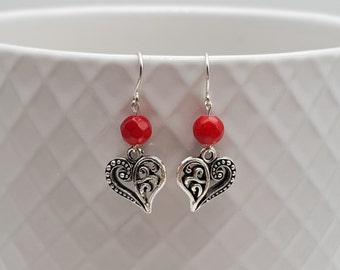 Sterling silver heart earrings / Heart dangle earrings