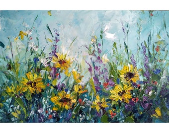 Sunflowers Painting Daisy Original Artwork Flowers Oil Painting Wildflowers Floral Small Painting Impasto 6 by 8 by RufPaintings