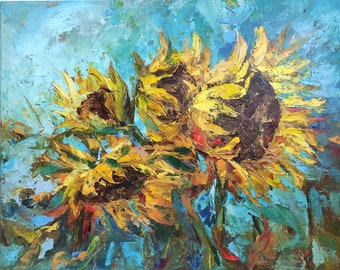 Sunflowers Painting Daisy Original Artwork Flowers Oil Painting Wildflowers Floral Small Painting Impasto 6 by 8 by RufPaintings