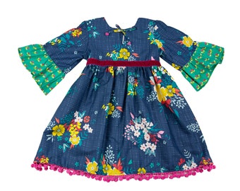 Haute Baby Fall Fantacy 3/4 Sleeve Floral Casual and Special Occasion Girl Dress - Blue