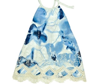 Haute Baby Genevie Cotton Sleeveless Casual and Floral Lace Girl Dress  - Blue