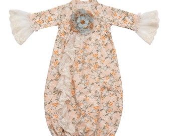 Haute Baby Avery Grace Home Gown Baby Girl Gown Embroidery Patch Outfit Toddler Infant Newborn - Peach.