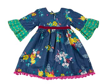 Haute Baby Fall Fancy 3/4 Sleeve Floral Casual and Special Occasion Girl Dress - Blue