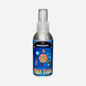 May include: A silver-colored spray bottle with a clear plastic cap. The label is blue with the text "ORIGINAL" and "PARA TODO" in bold letters. It features a central orange star with an eye inside, surrounded by various small colorful illustrations.