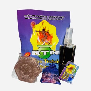 May include: A set of spiritual bath products with a purple and yellow bag labeled "Baño de Plantas Aromaticas Deliciosamente Perfumado", a brown soap bar, a blue drawstring bag with herbs inside, and a dark brown bottle with a spray nozzle.