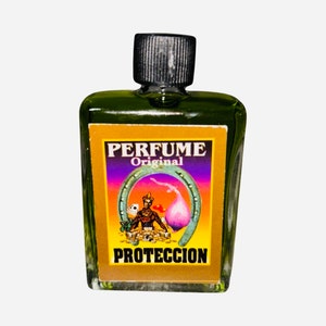 May include: A small green glass bottle with a black cap. The label is gold with a purple, pink, and yellow design. The label says "PERFUME Original" and "PROTECCION".