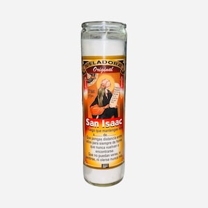 May include: A white candle in a clear glass jar. The label features an illustration of a saint and the text "VELADORA Original" and "San Isaac". The candle has a wick at the top and is filled with white wax.