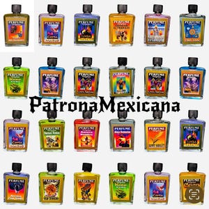 May include: A collection of 20 small glass bottles with black caps. Each bottle contains a colorful liquid and has a label with the word "PERFUME" and a different image and text. The bottles are arranged in four rows of five bottles each.