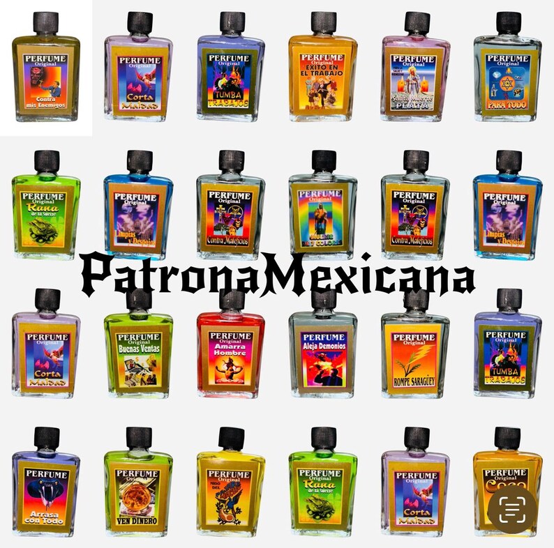 May include: A collection of 20 small glass bottles with black caps. Each bottle contains a colorful liquid and has a label with the word "PERFUME" and a different image and text. The bottles are arranged in four rows of five bottles each.