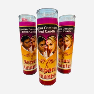 May include: Three glass fixed candles with a purple and gold label. The label features a broken heart image with a man and woman. The text on the label reads "Veladora Compues Fixed Candle" and "Separa Amantes".