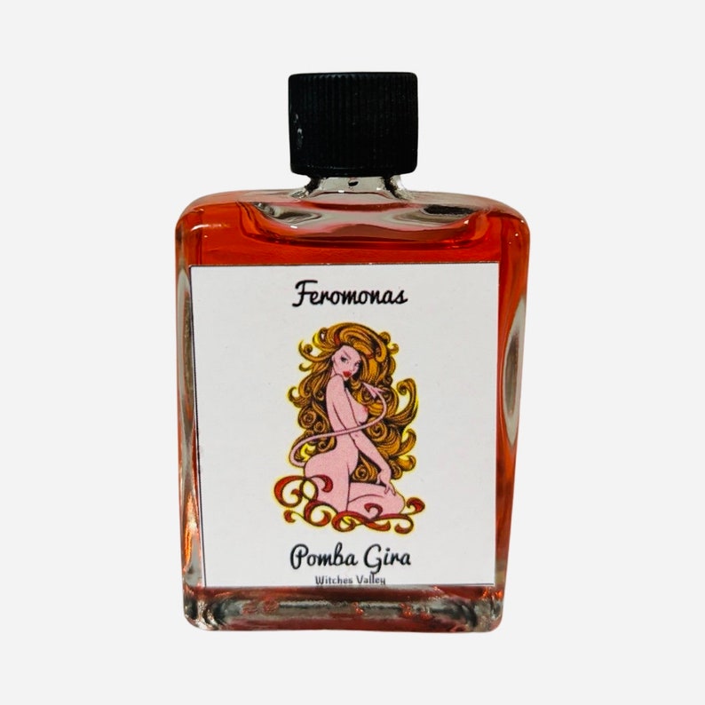 May include: A small glass bottle with a black cap filled with a red liquid. The label reads "Feromonas Pomba Gira Witches Valley". The label also features a drawing of a woman with a tail.