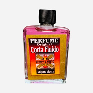 May include: A small glass bottle with a black cap filled with pink liquid. The label reads "PERFUME Original Corta Fluido ROMPE CAMINO sal para afuera".