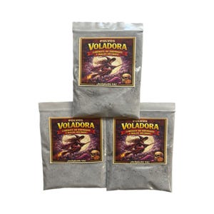 May include: Three clear plastic pouches filled with a fine gray powder. Each pouch features a rectangular label with the text Polvos Voladora, Liberate de enemigos y malos vecinos, and Alejálos ya, depicting a witch on a broomstick and a skull.