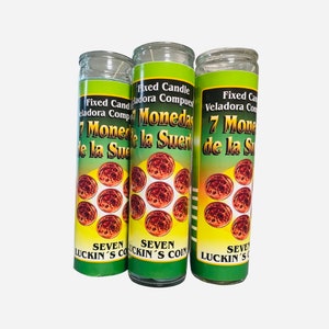 3x Set, 7 MONEDAS de la SUERTE Veladora Preparada, 7 Lucky Coins Fixed Candles.