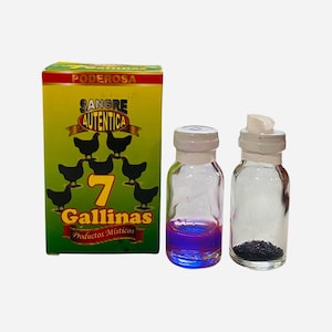 May include: A yellow and green box with the text "Poderosa Sangre Autentica 7 Gallinas Productos Misticos" and a black silhouette of seven chickens. Two small glass bottles with white lids, one filled with a purple liquid and the other with black granules.