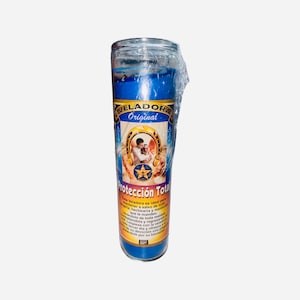 May include: Blue glass candle with a gold label that says "Veladora Original" and "Protección Total". The label also features a picture of a couple holding hands and a horseshoe.