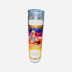 May include: A white candle in a glass jar with a colourful label featuring an image of Santa Muerte, a skeletal figure with a snake, and the text "Santa Muerte Para Separar". The label also includes text in Spanish about the candle's use.