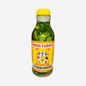 May include: A clear glass bottle with a yellow lid filled with green liquid and herbs. The label reads "RIEGO FUERTE" and "7 POTENCIAS AFRICANAS" with a graphic of a circle of saints.