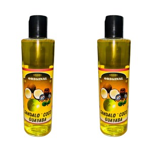 May include: Two yellow glass bottles with black caps and labels. The labels say "Original" and "Sándalo Coco Guayaba". The bottles are filled with a yellow liquid and have images of coconuts and a guava on the labels.