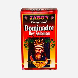 May include: Red and gold box with the text "Jabon Original Dominador Rey Salomon" and an image of a king with a crown and beard.
