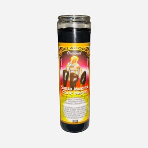 May include: A black glass candle with a label featuring the text "Veladora Original Santa Muerte Chile Negro." The label has an illustration of a saint and chili peppers. The candle is cylindrical.