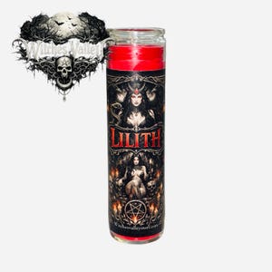 May include: A tall, cylindrical red candle in a clear glass jar. The candle features a black and red label with the word "LILITH" in bold letters, and illustrations of a woman with horns and a pentagram. The text "Witches Valley" is also visible.