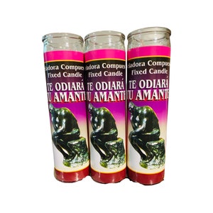 May include: Three red glass candles with a pink label. The label has the text "adora Compues Fixed Candle TE ODIARA TU AMANTI" and a black and white image of a man sitting in thought.