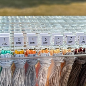 K&ouml;nnte beinhalten: Eine transparente Plastik-Aufbewahrungsbox mit Reihen von DMC-Stickgarn-Spulen. Die Spulen sind mit den Nummern 1 bis 9 und dem DMC-Logo beschriftet. Die Garnfarben umfassen Gr&uuml;n, Gelb, Orange, Beige, Braun und Creme.