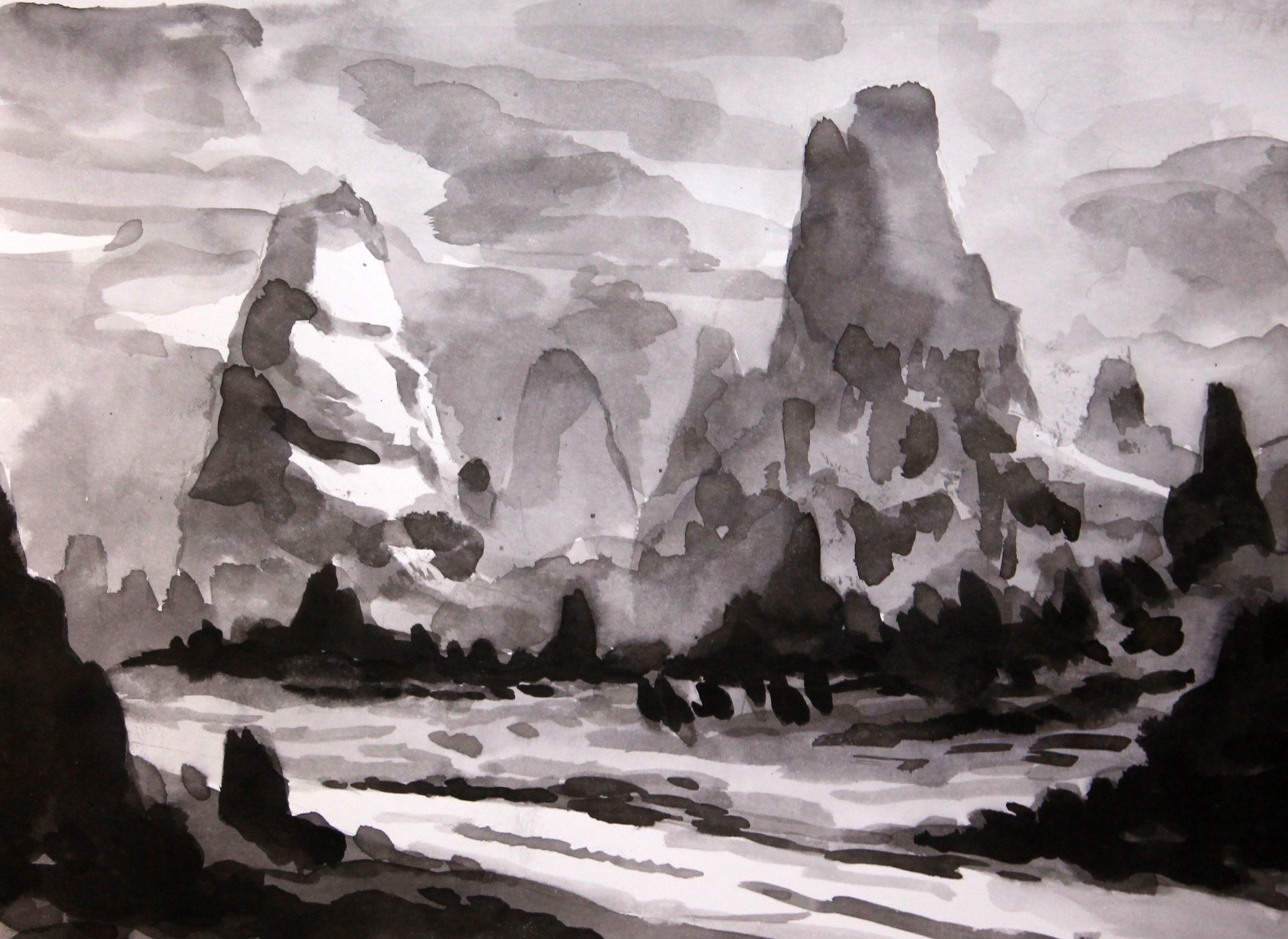 Original Art Ink Wash Landscape Mountains Ink Painting Etsy
