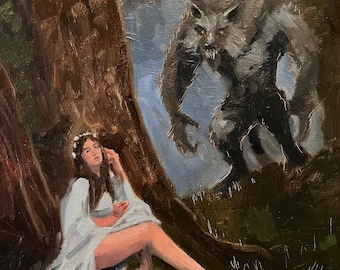 Original oil painting, "The Maiden and the Werewolf,", 11x14 inches, werewolf art, fantasy art