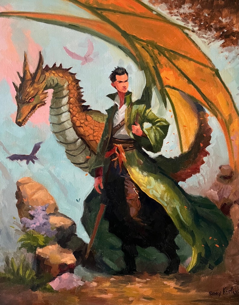 The Dragon Rider original fantasy painting, fine art 16x20 inches image 1