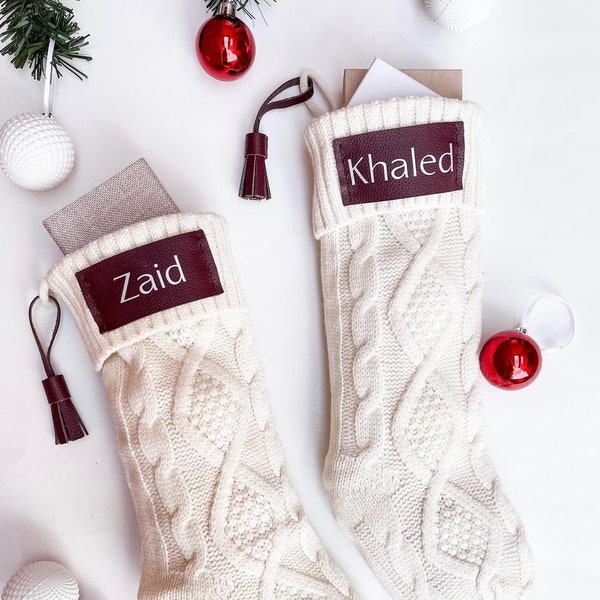 Christmas Knitted Stockings with tassel, Personalized with Leather details, Family Stockings, Christmas gift ideas.
