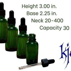May include: Four green glass bottles with black dropper tops. The bottles are 3 inches tall, 2.25 inches wide, and have a 20-400 neck. They have a capacity of 30 ml.