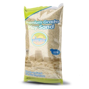 May include: A clear plastic bag filled with tan play sand. The bag has a green and yellow label that reads "Premium Grade Play Sand" and "Classic Sand & Play". The bag also has a blue label that reads "40lb".