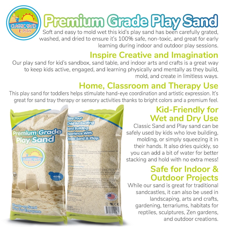 Classic Sand and Play Sand for Sandbox, Table, Therapy, and Outdoor Use, Bag, Natural, Nontoxic