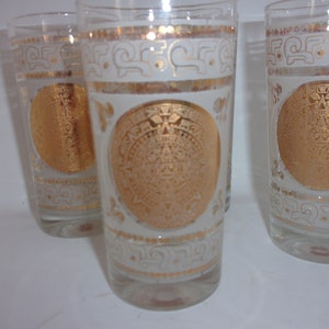 Vintage Hazel Atlas Frosted & Gilt Aztec Highball Glasses S/4