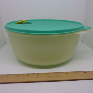 May include: A large, round, light yellow plastic bowl with a teal lid and a yellow knob. The bowl is sitting on a wooden ruler.