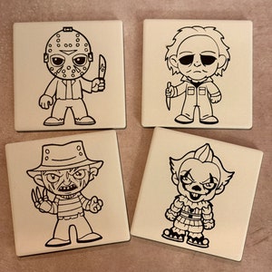 White 4&quot;x4&quot; Ceramic Decaled Horror Movie Character Coasters