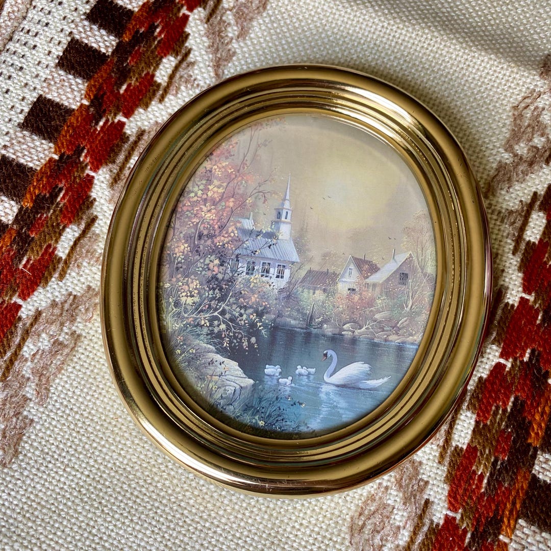 Vintage Homco Oval Gold Frame Featuring Church and Swan Lake Painting ...