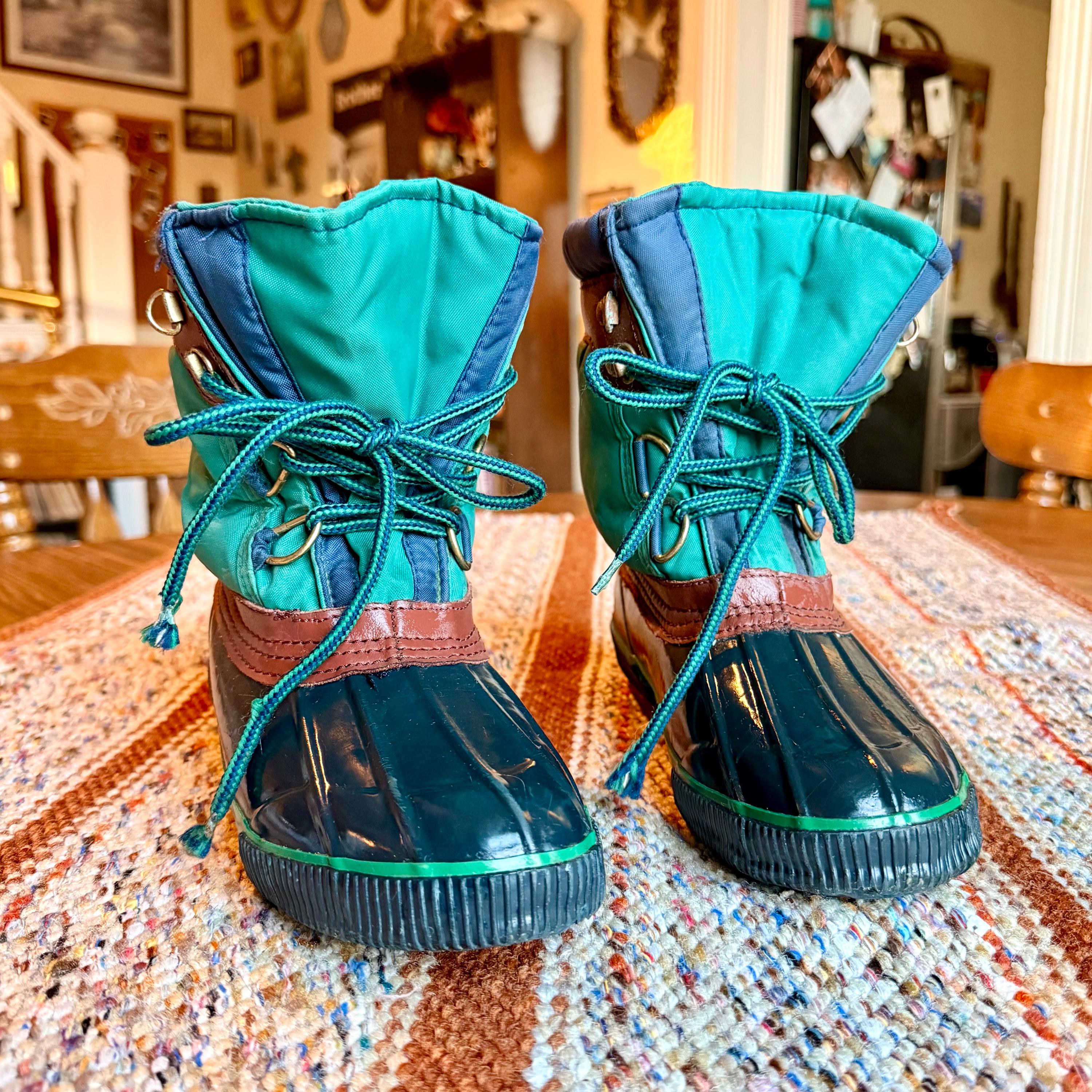 teal and grey duck boots