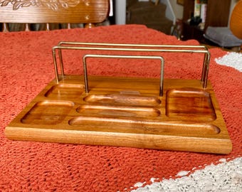 Vintage Dresser Valet Stand Organizer Tray Solid Oak and Brass with Felt Feet
