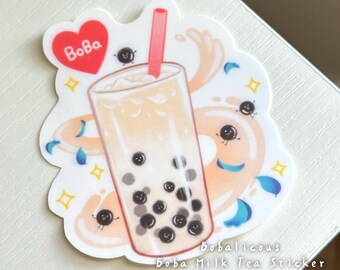 May include: A die-cut sticker featuring a glass of boba milk tea with a red straw, a red heart with the text "BoBa" inside, and small animated black boba pearls. The design includes yellow star accents and the text "Bobalicious Boba Milk Tea Sticker".