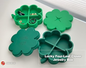 Lucky Clover Jewelry Box | 3D Printed Trinket Box, Four-Leaf Clover Storage | Small Keepsake Box | St. Patrick’s Day Gift | Shamrock Box