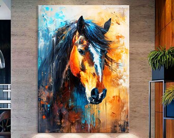 Arte abstracto del caballo lienzo pared arte sala de estar decoración, arte animal, impresión de caballo sobre lienzo, arte de pared extra grande, impresión de pintura de caballos
