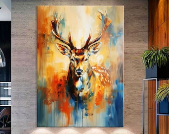 Arte murale di cervo, arte murale su tela di cervo, decorazione per soggiorno, arte di animali della giungla, stampa su tela di ritratti di animali, arte murale extra large