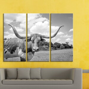 Cow Wall Art, Animal Canvas Decor, Cattle Home and Office Decor, Texas Longhorn Cow Print, Oversized Canvas Art
