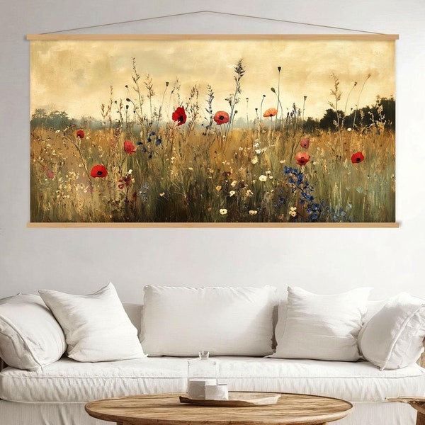 Wildflower Field Framed Canvas Wall Art Hanger, Extra Large Wall Art Living Room, Cottagecore Decor, Vintage Botanical Landscape Wall Art