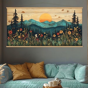 Wood Wall Art Mountain Canvas Wall Art Hanger, Field of Wildflowers Wall Art Living Room, Wood Texture Canvas Print, Extra Large Wall Art