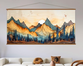 May include: A large wooden wall hanging featuring a watercolor-style mountain landscape. The artwork showcases layered peaks in shades of orange, blue, and brown, with a forest of dark blue trees in the foreground. A bright sun is visible in the background.